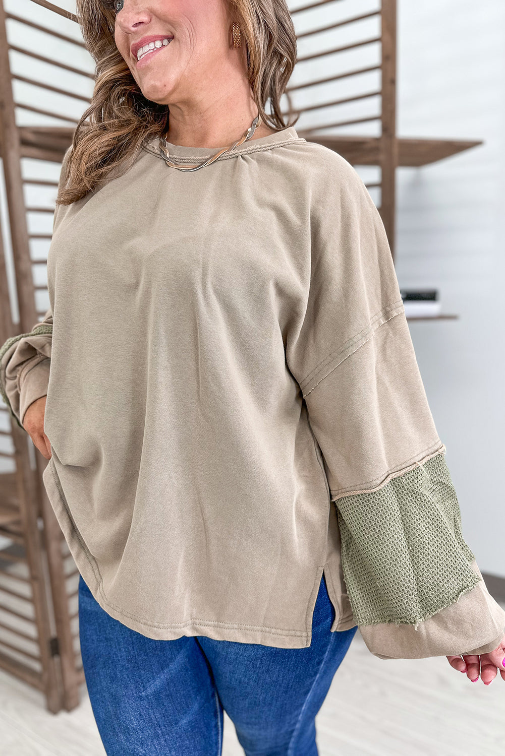Laurel Green Exposed Seam Texture Patchwork Plus Size Drop Shoulder Pullover