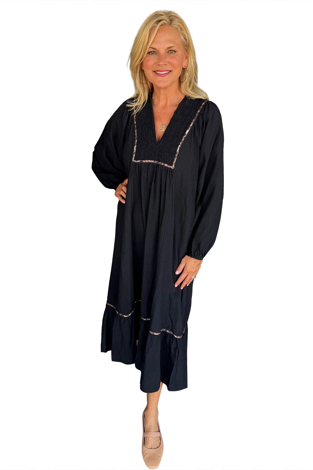 Green Collared V Neck Smocked Detail Contrast Leopard Trim Long Dress