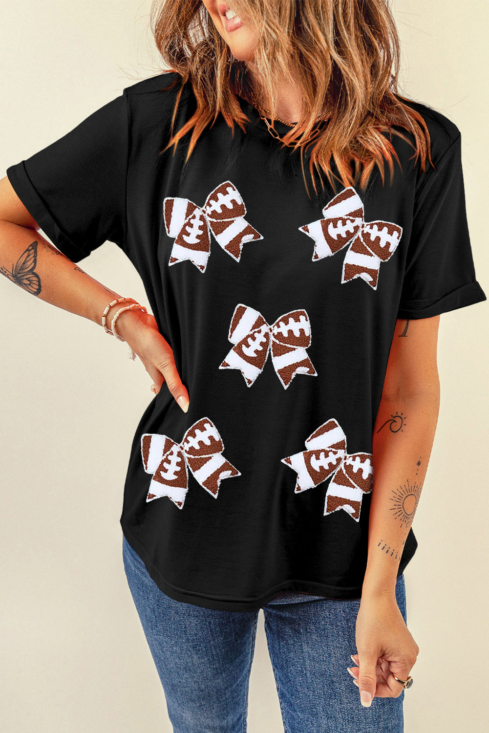 Black Game Day Football Bowknot Graphic T Shirt