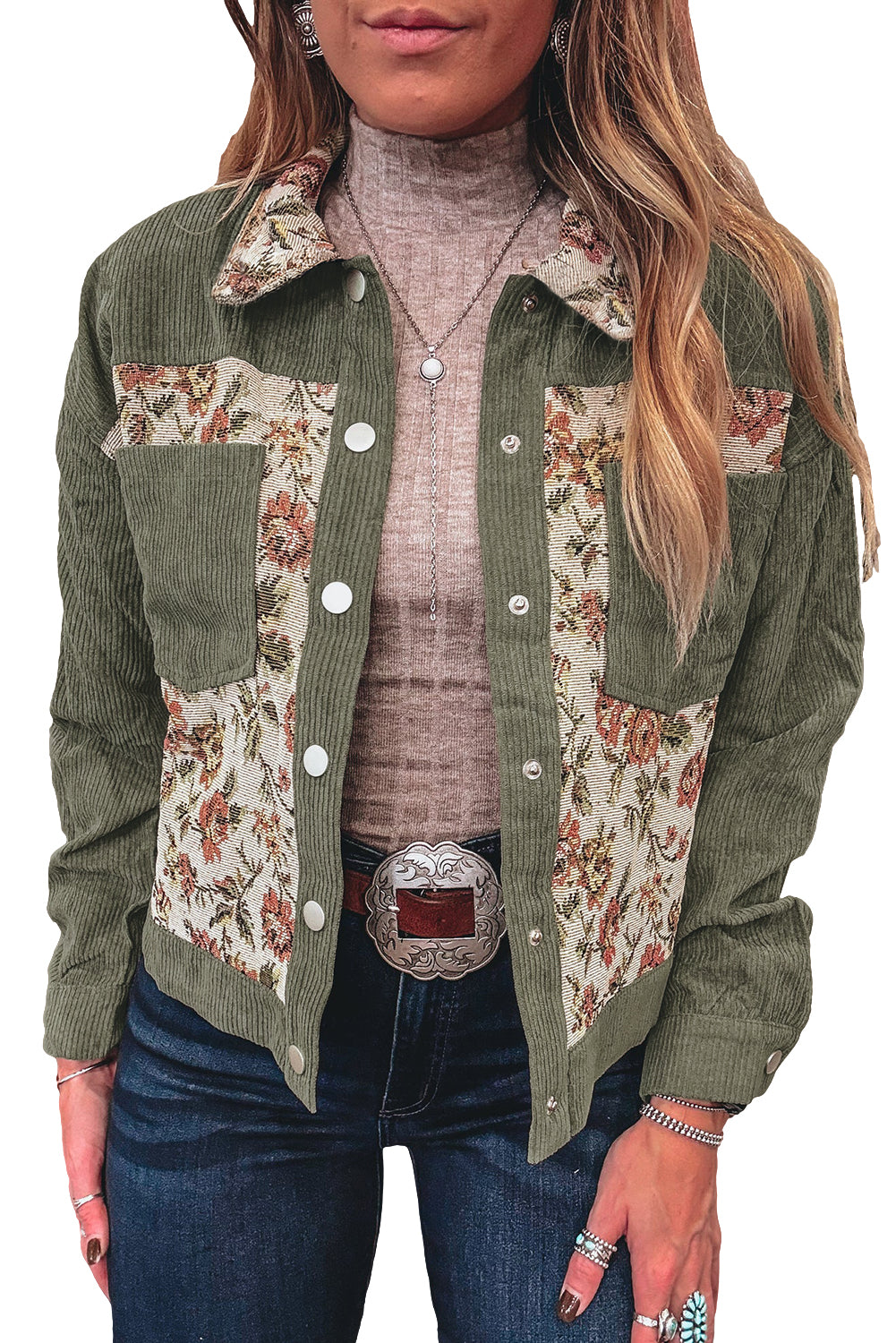 Sage Green Ribbed Retro Floral Patchwork Jacket