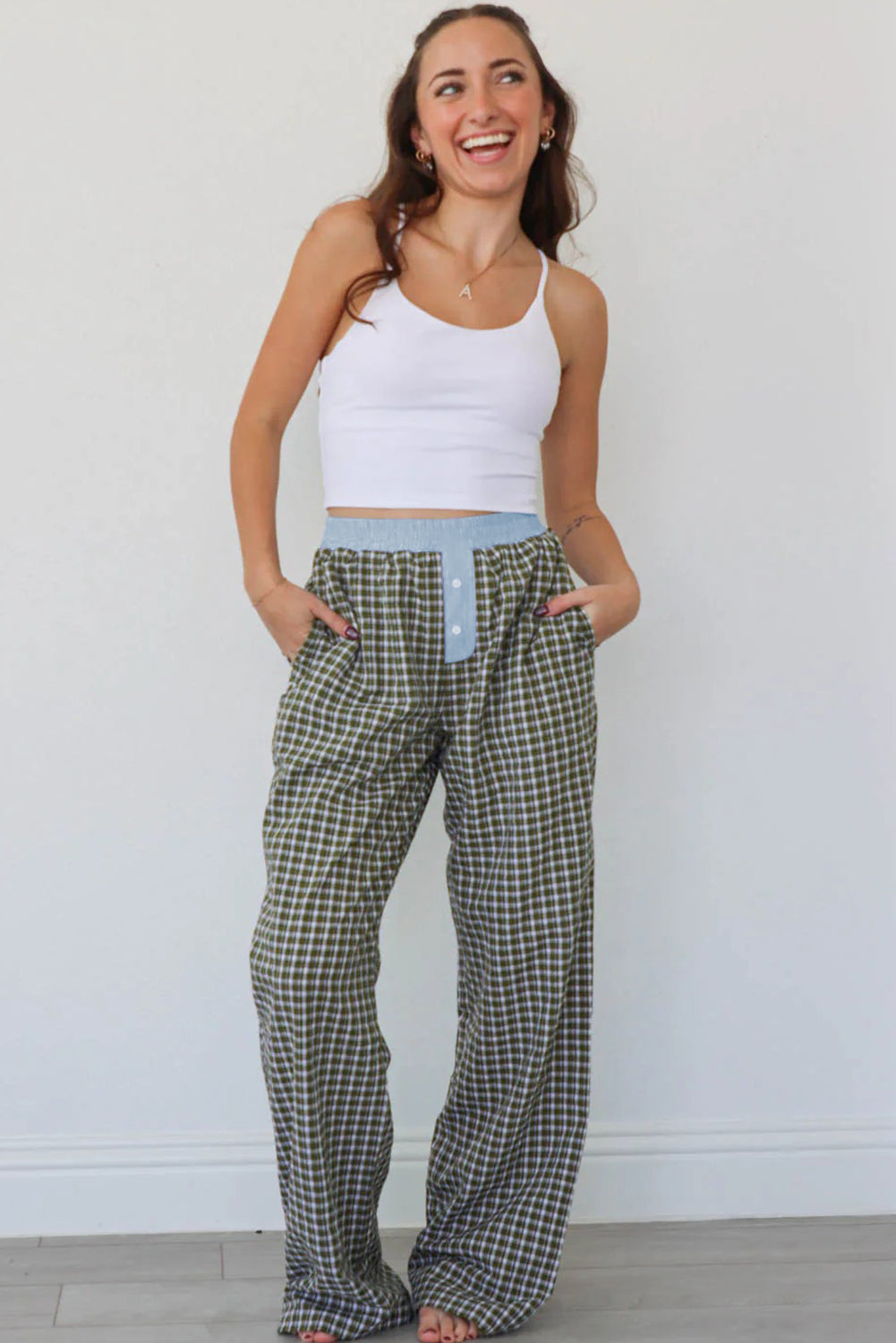 Brown Plaid Button High Waist Patchwork Pants