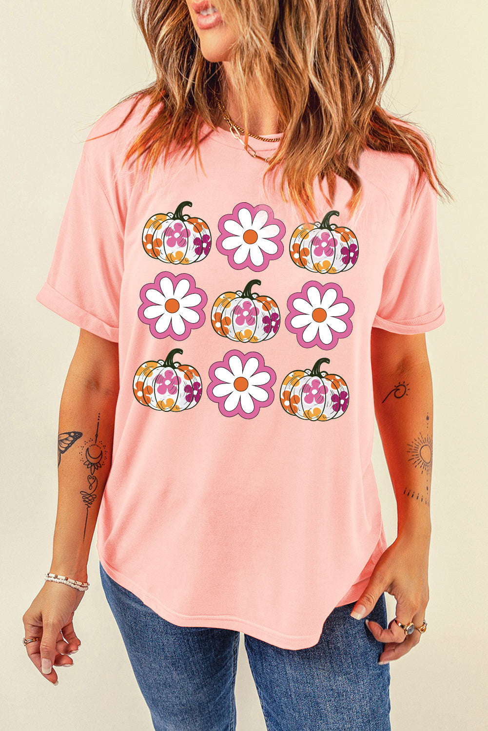 Pink Floral Pumpkin Thanksgiving Holiday Funny Graphic T Shirt