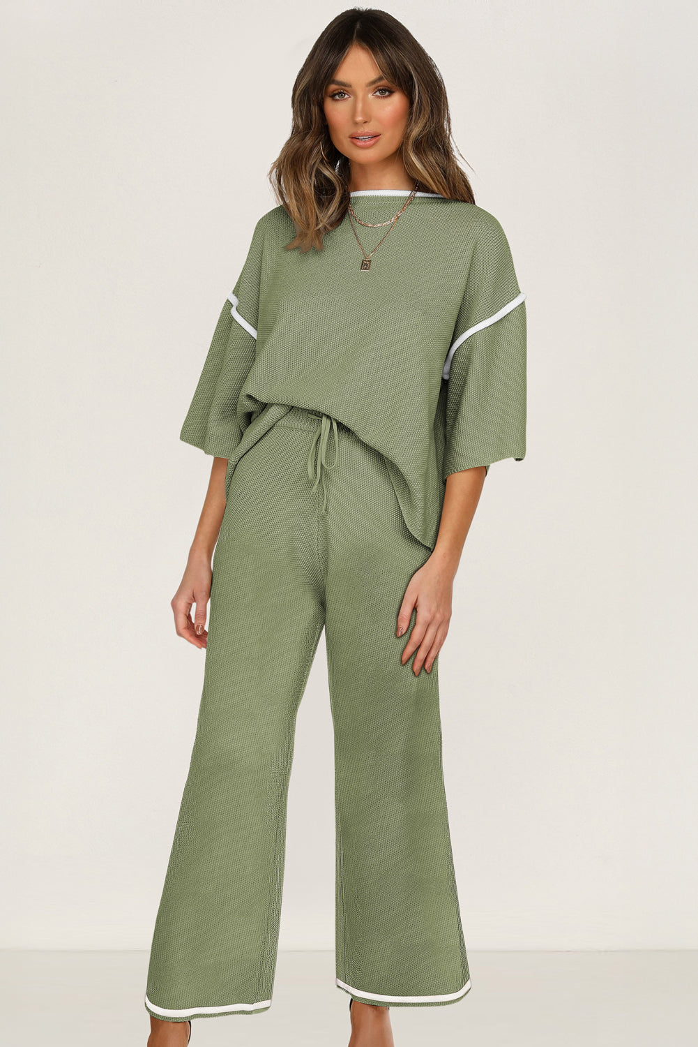 Navy Blue Loose Contrast Trim Half Sleeve Top and Drawstring Pants Set