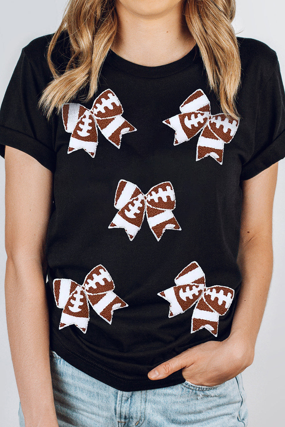Black Game Day Football Bowknot Graphic T Shirt