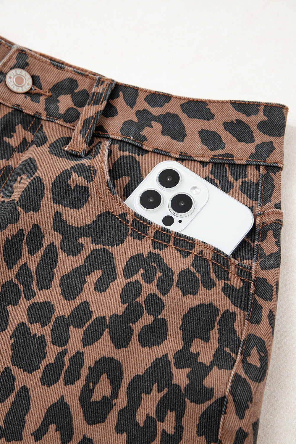 Brown Leopard Frayed Split Denim Midi Skirt