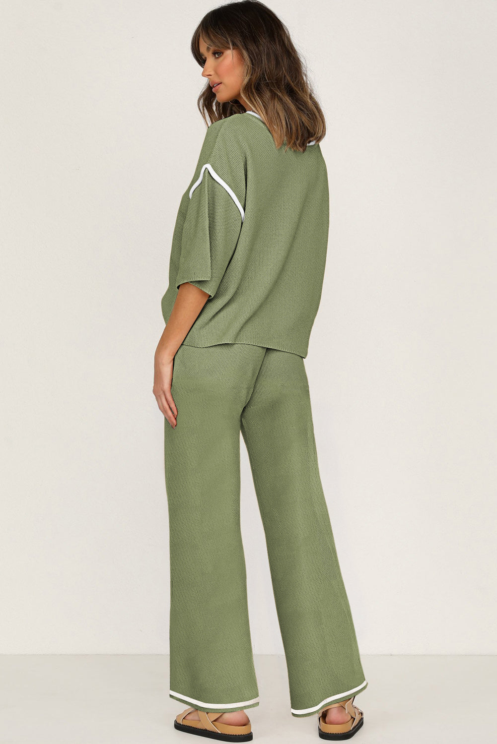 Navy Blue Loose Contrast Trim Half Sleeve Top and Drawstring Pants Set