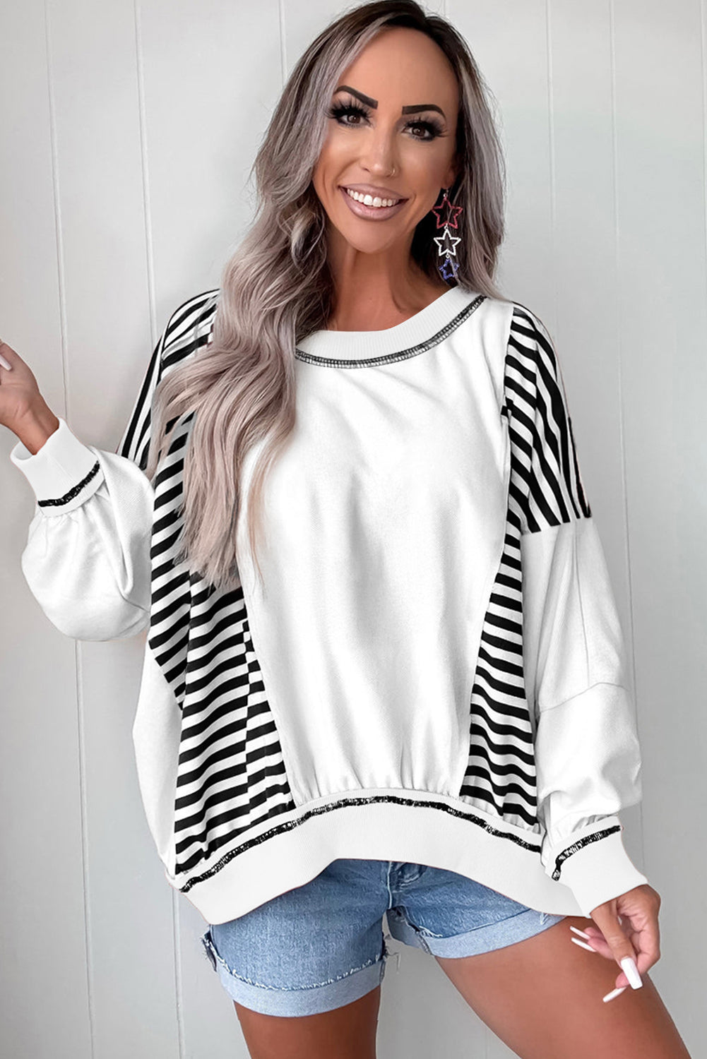 White Striped Colorblock Patchwork Oversized Sweatshirt