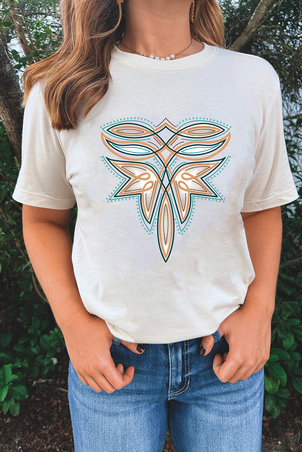 White Boot Stitch Pattern Printed Cotton Blend Tee