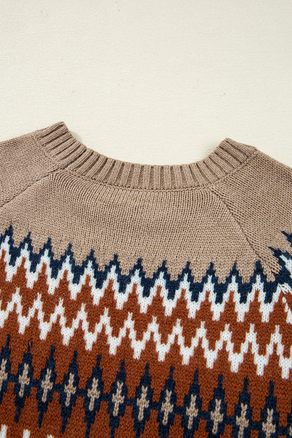 Khaki Geometric Print Colorblock Crew Neck Sweater