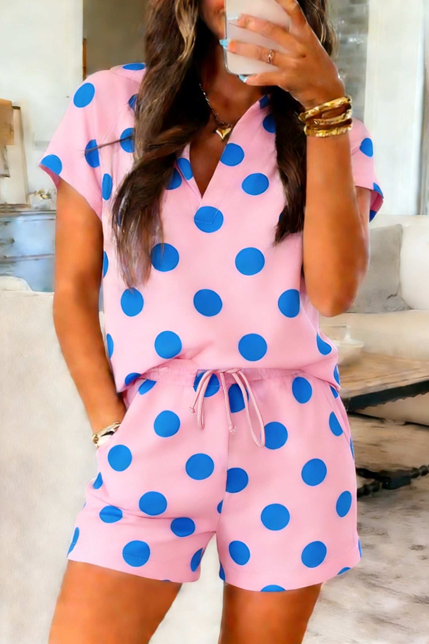 Beige Polka Dot Print V Neck Tee Short Set