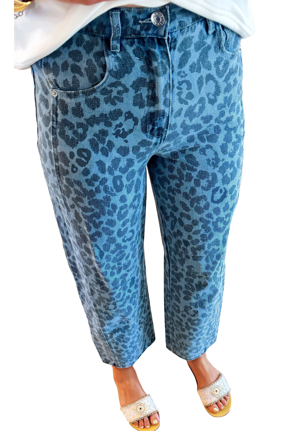 Sky Blue Leopard Print Straight Loose Jeans