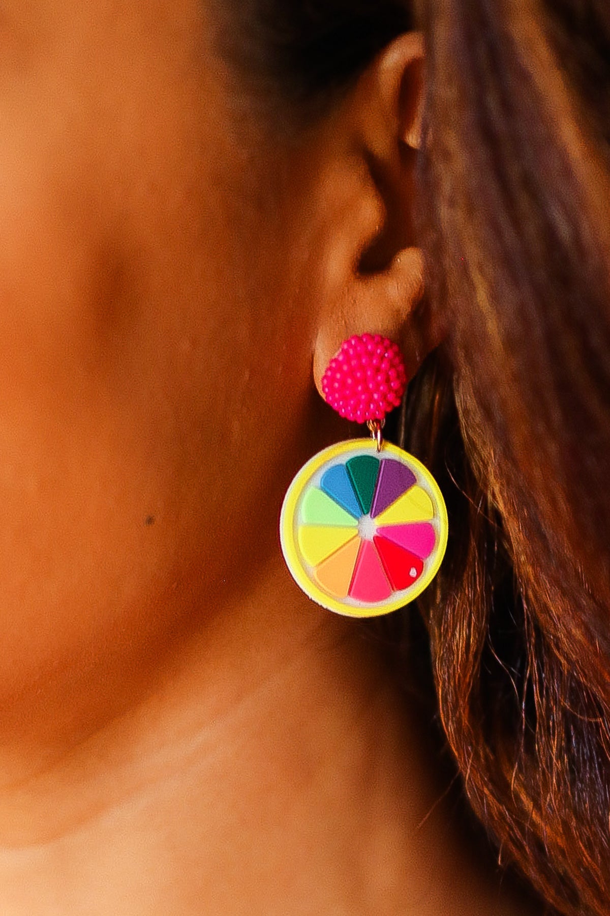 Fuchsia Beaded Stud Multicolor Wood Dangle Earrings