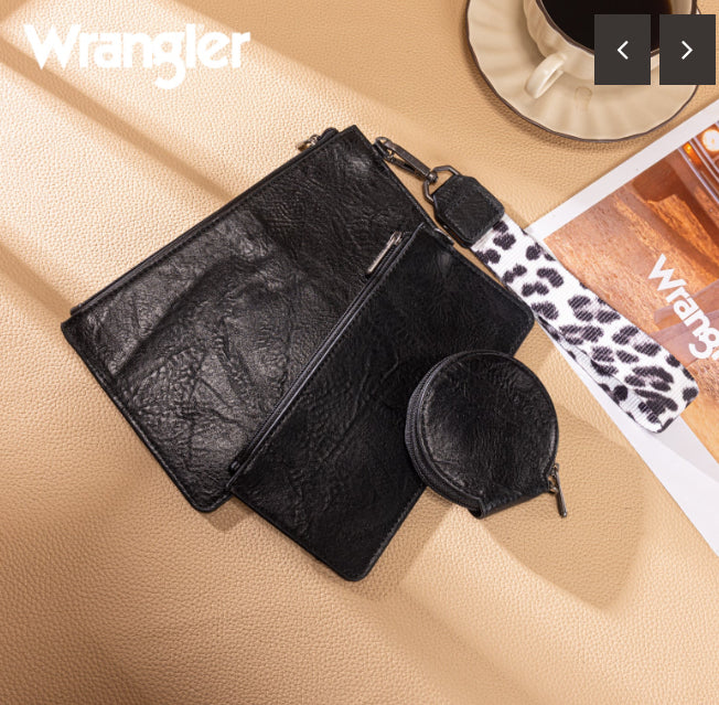 Wrangler Leopard Print Dual Pouch Wristlet with Zipper Round Case- Black