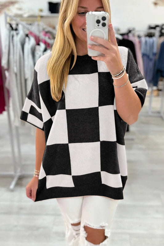 Black Checkered Pattern Loose Short Sleeve Sweater