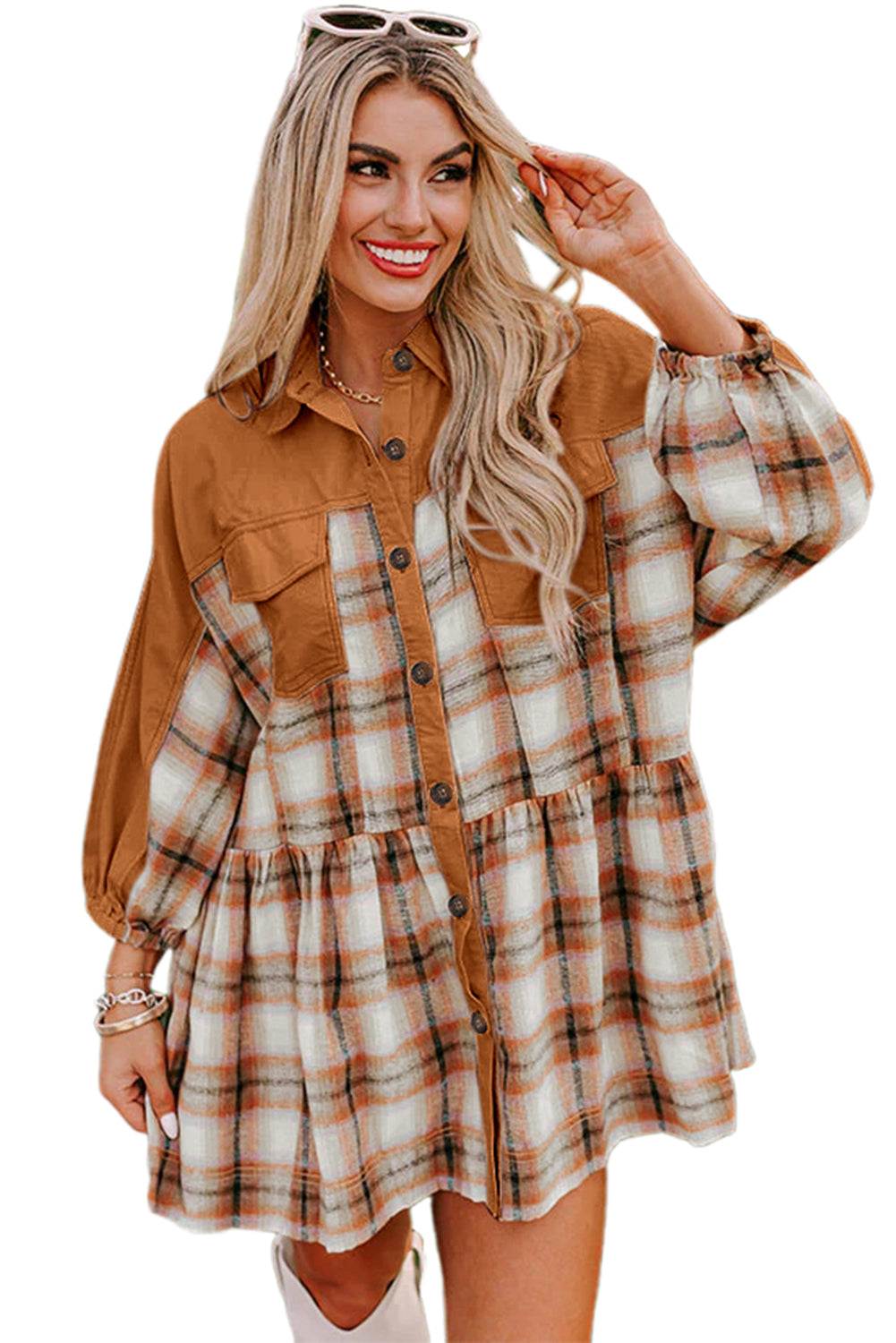 Khaki Plaid Colorblock Patchwork Ruffle Hem Tunic Shirt Dress