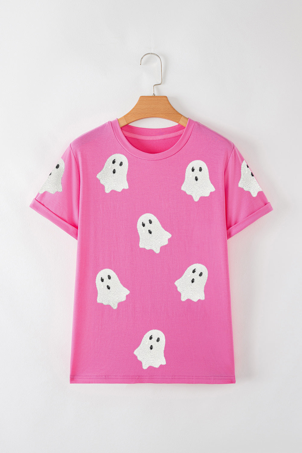 Black Sequin Halloween Ghost Patched Casual T Shirt