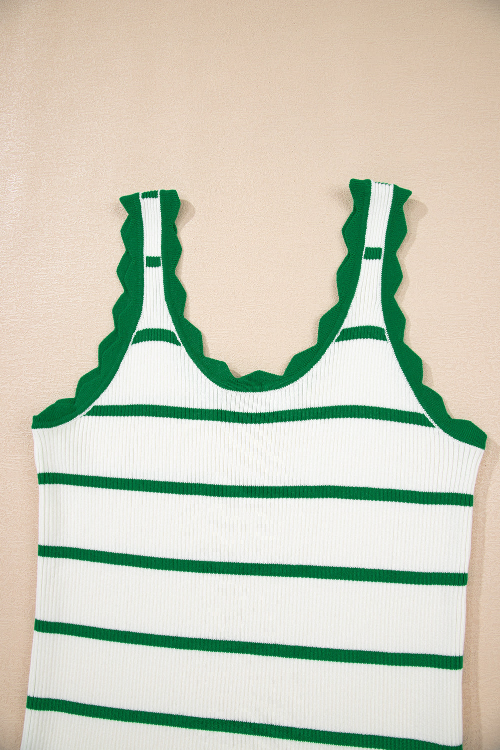 Bright Green Scalloped Edge Striped Ribbed Tank Top