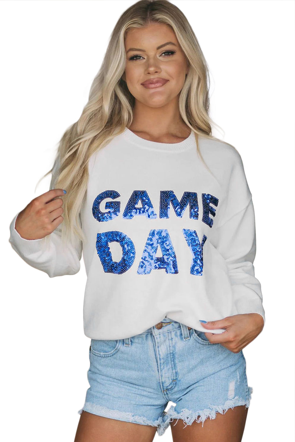 White Sequins GAME DAY Graphic Round Neck Sweater