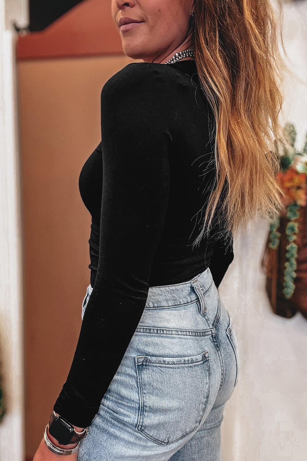 Black Solid Color Long Sleeve Slim Fit Top