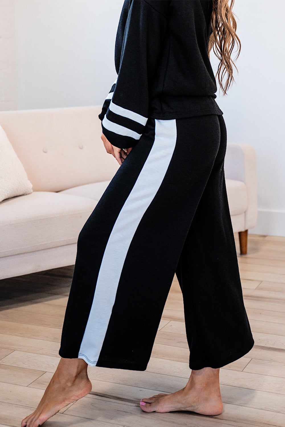 Gray Contrast Trim Long Sleeve Pullover and Pants Set