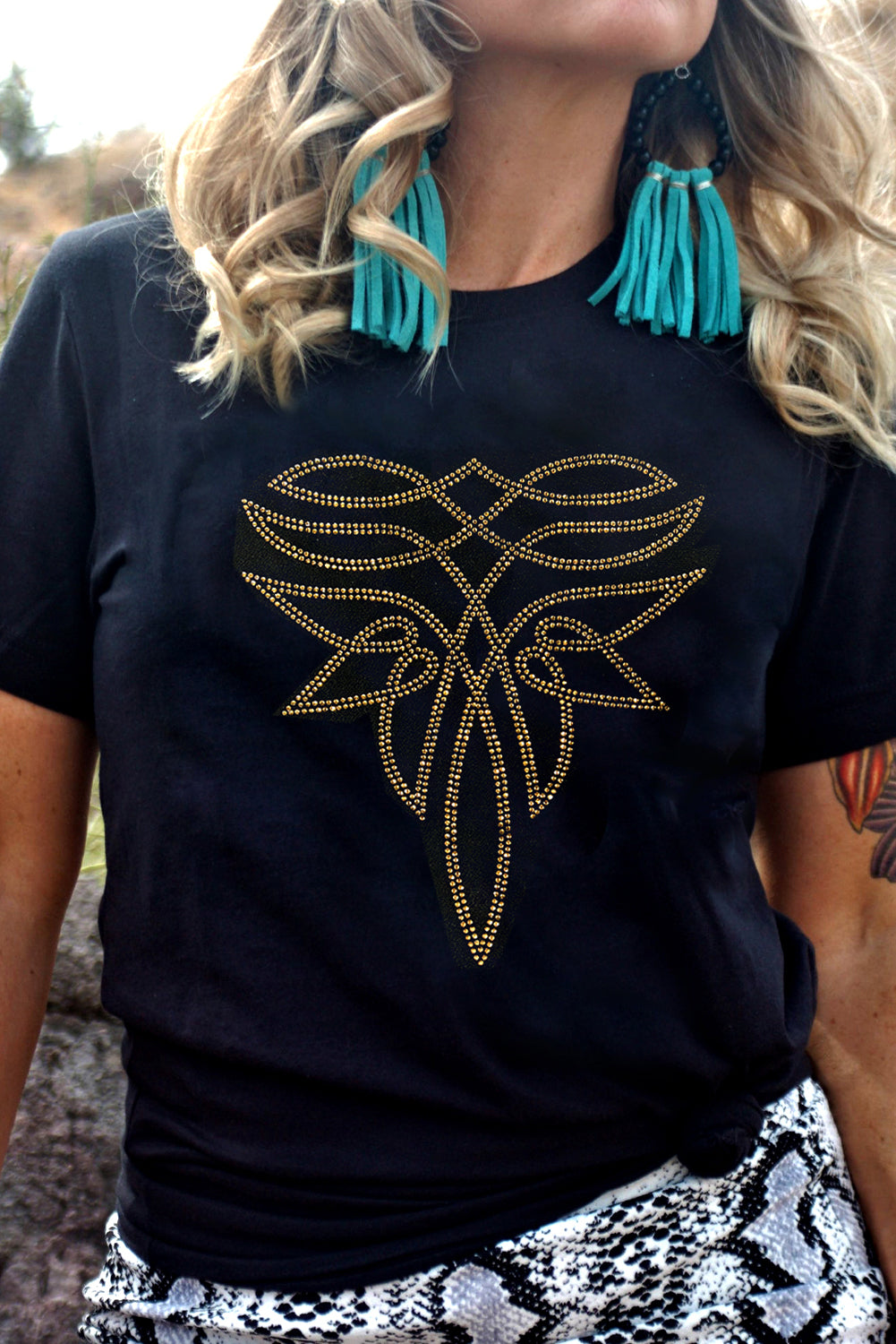 Black Rhinestone Boot Stitch Pattern Printed Cotton Blend Tee