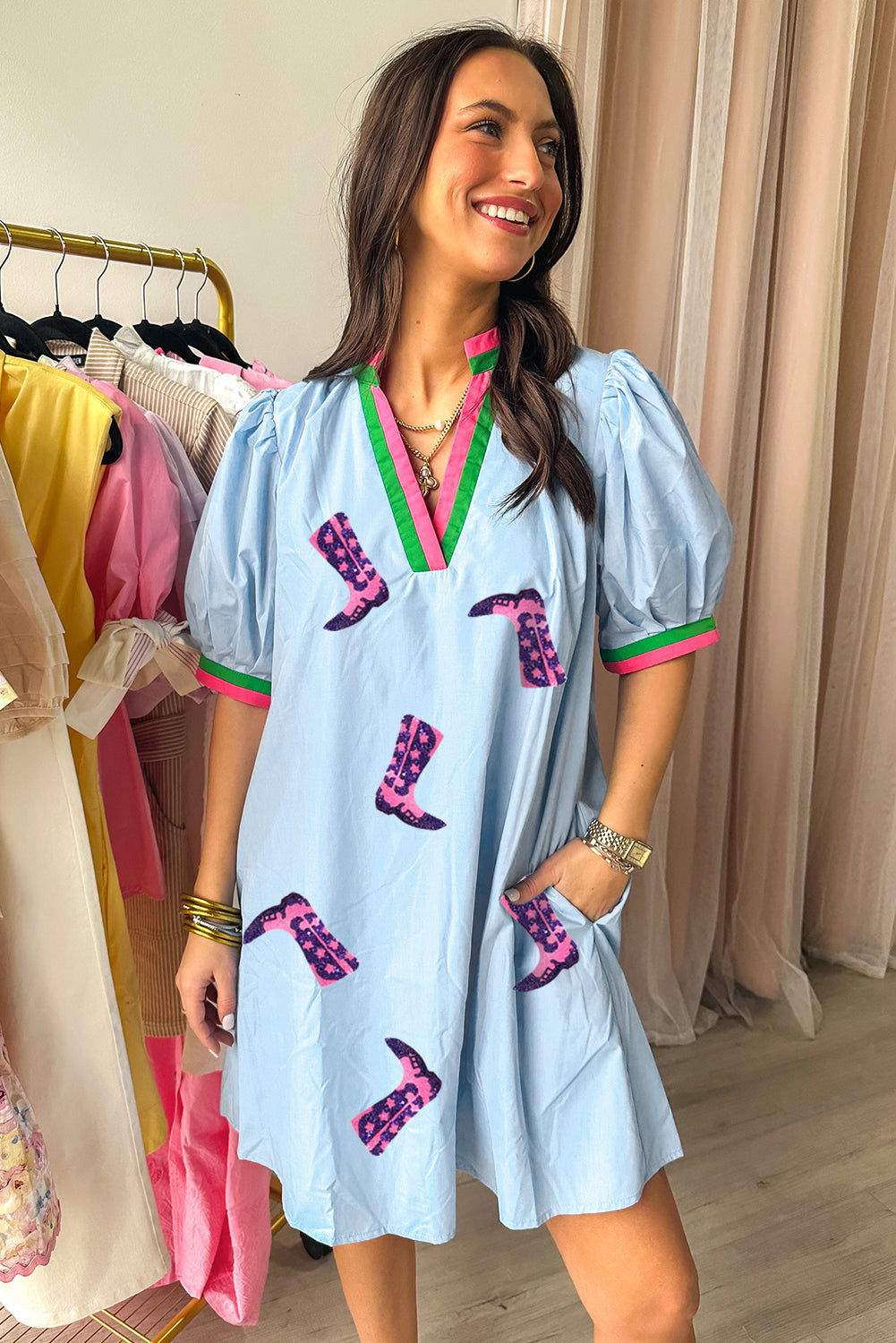 Myosotis Sequin Boots Pattern Contrast V Neckline Half Puff Sleeve Dress