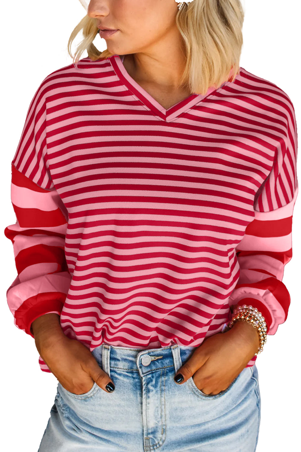 Strawberry Pink Striped V Neck Drop Sleeve Top