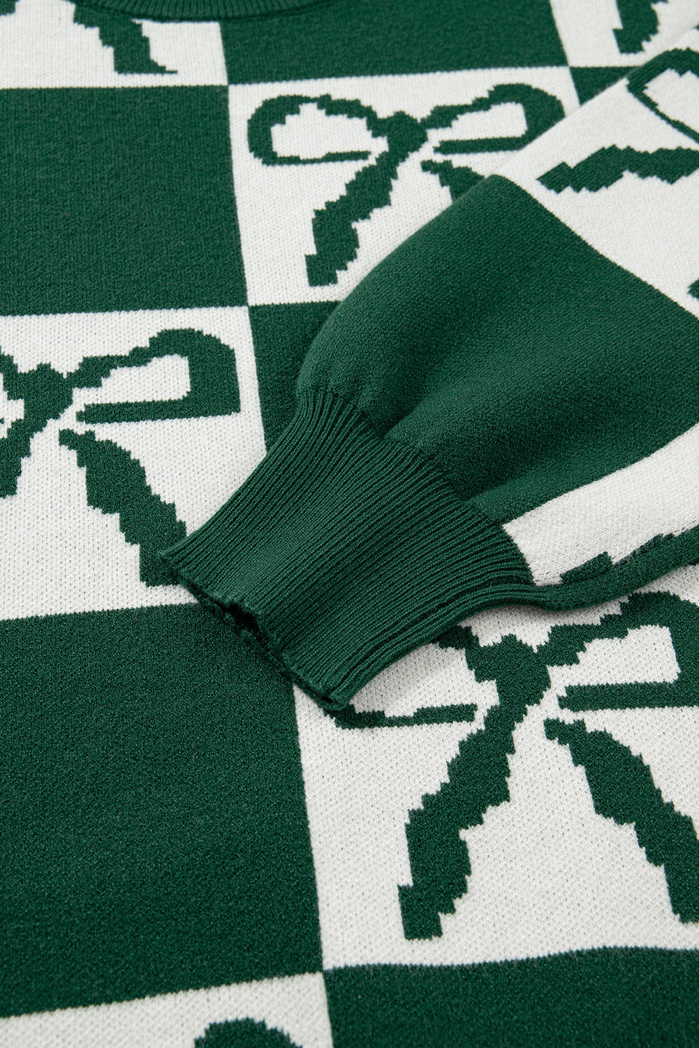 Blackish Green Bow Print Checkered Knit Sweater