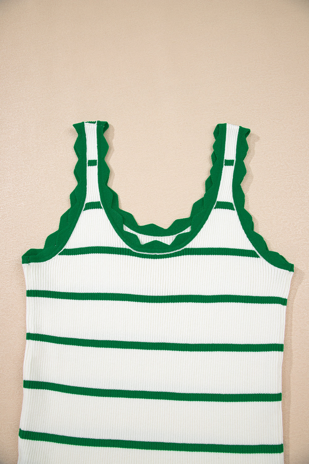 Bright Green Scalloped Edge Striped Ribbed Tank Top