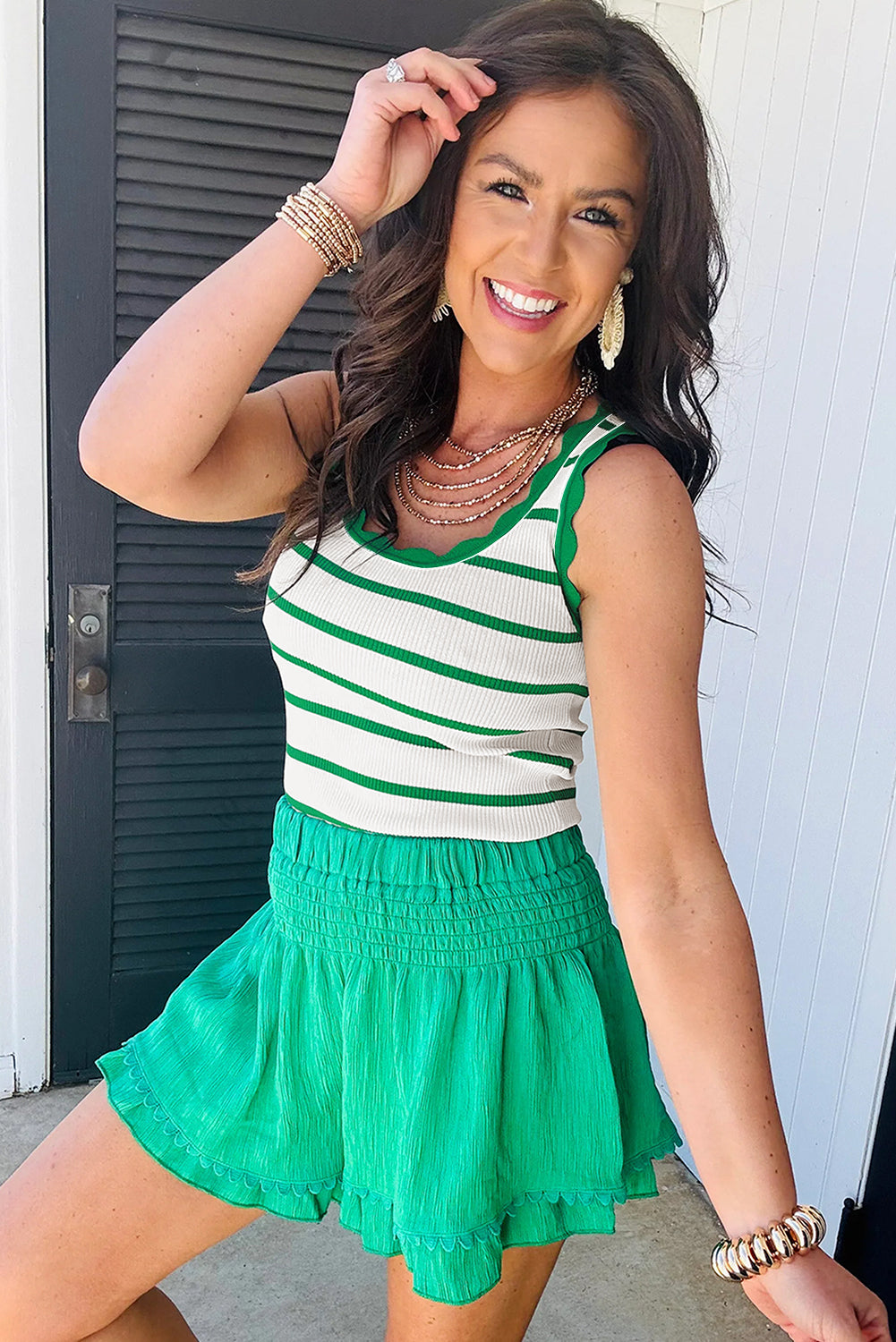 Bright Green Scalloped Edge Striped Ribbed Tank Top