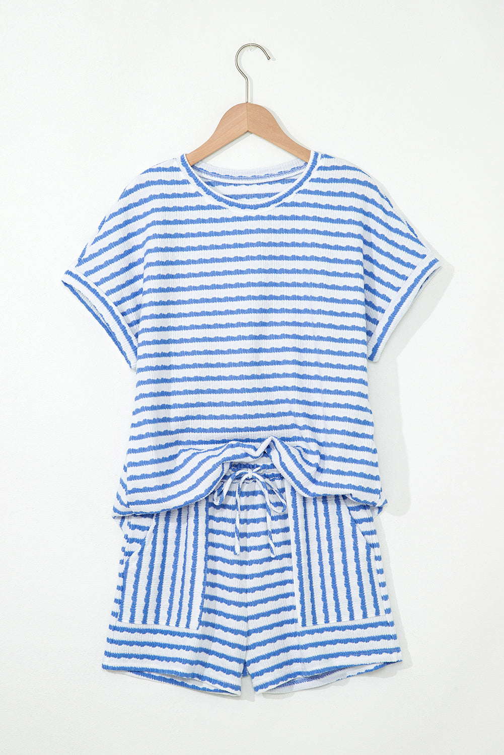 Pink Striped Print Short Sleeve Top and Pocket Shorts Set