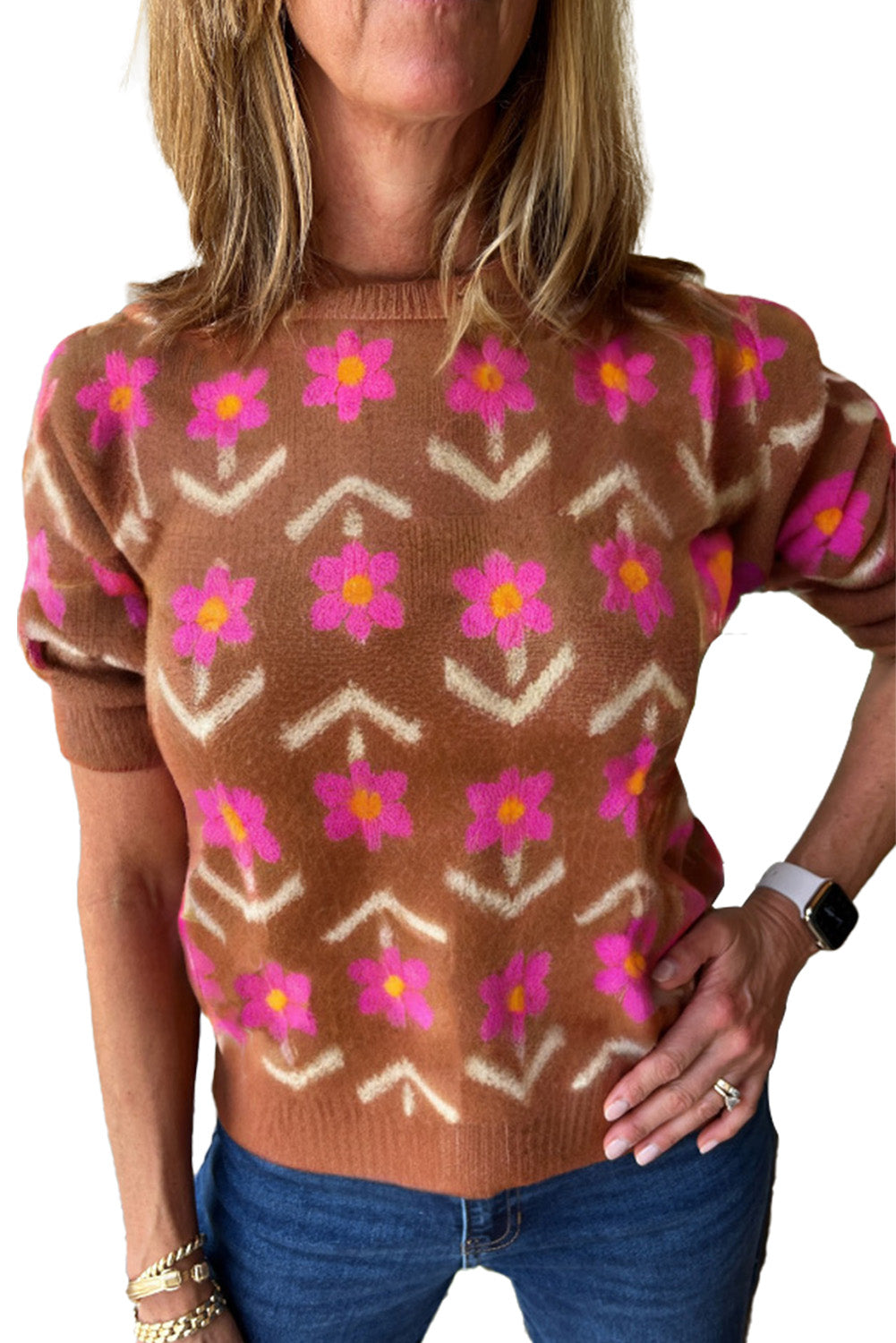 Brown Floral Pattern Short Puff Sleeve Sweater