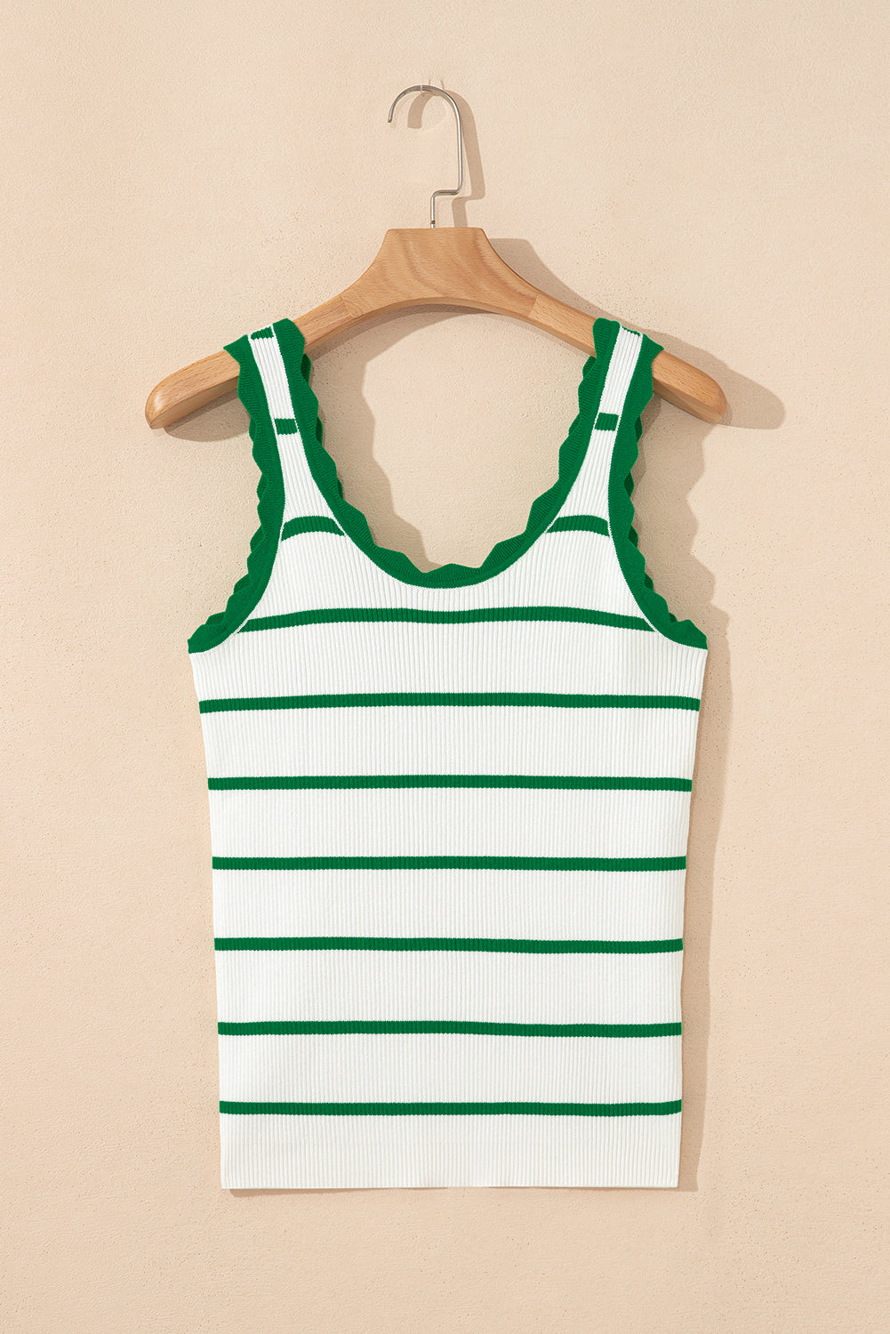 Bright Green Scalloped Edge Striped Ribbed Tank Top