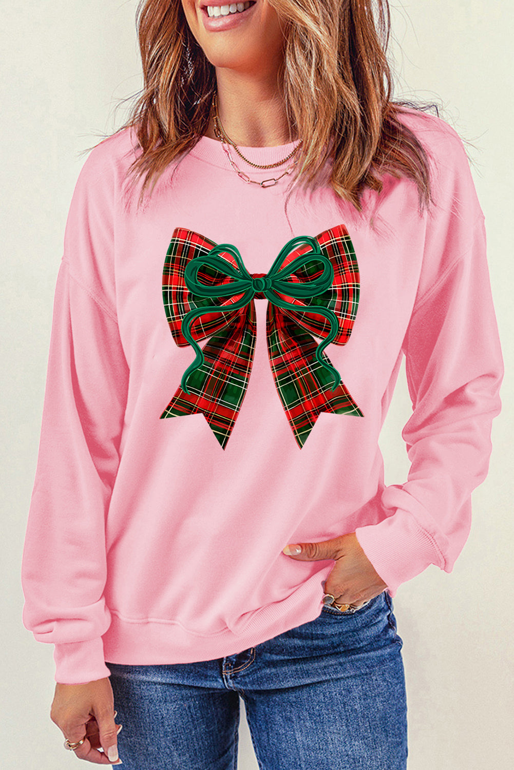 Pink Plaid Bow Heat Transfer Printing Christmas Vibe Sweatshirt