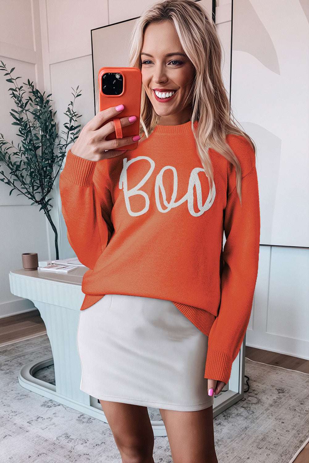 Orange Halloween Boo Drop Shoulder Knit Sweater