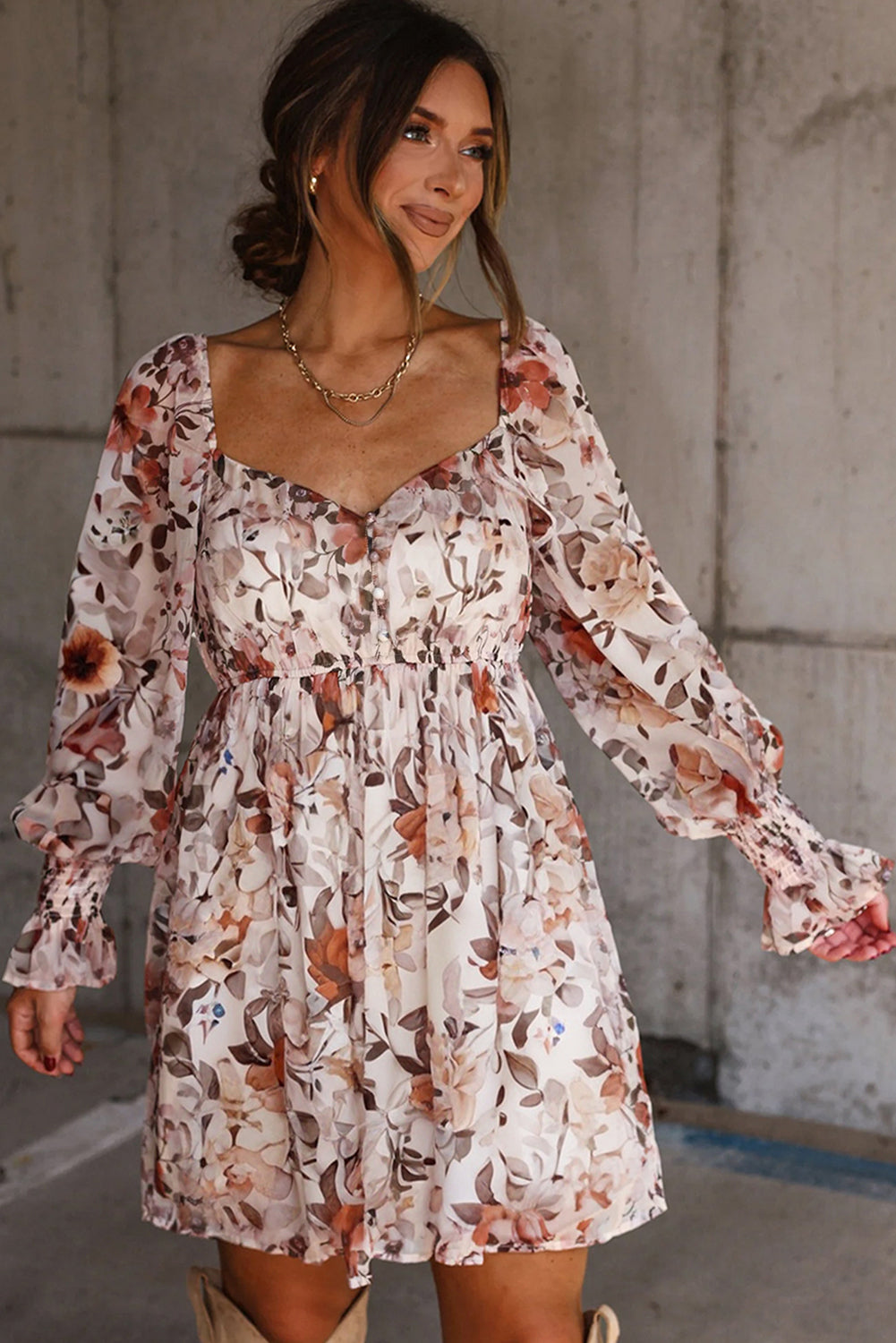 White Floral Print Sweetheart Neck High Waist Mini Dress