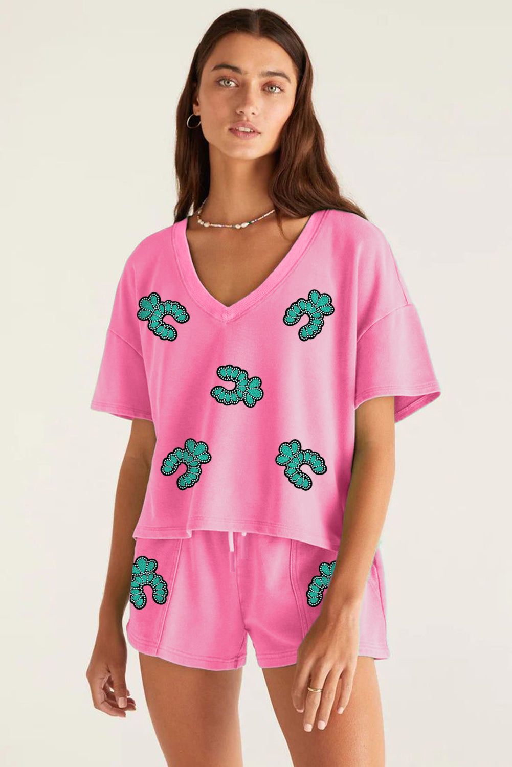 Bonbon Sequin Turquoise Pattern V Neck Tee and Drawstring Shorts Set
