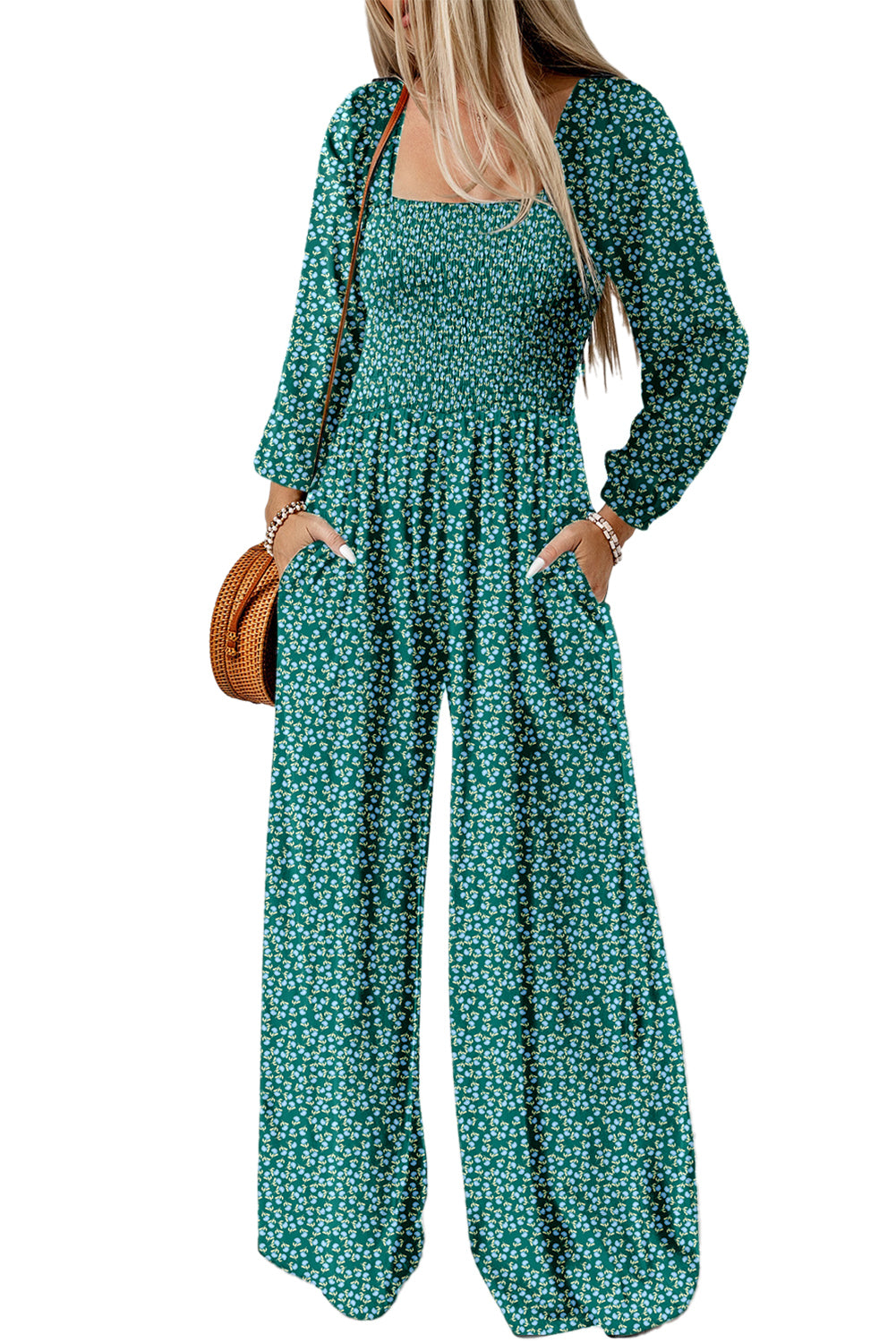 Green Floral Print Shirred Bodice Square Neck Wide Leg Jumpsuit
