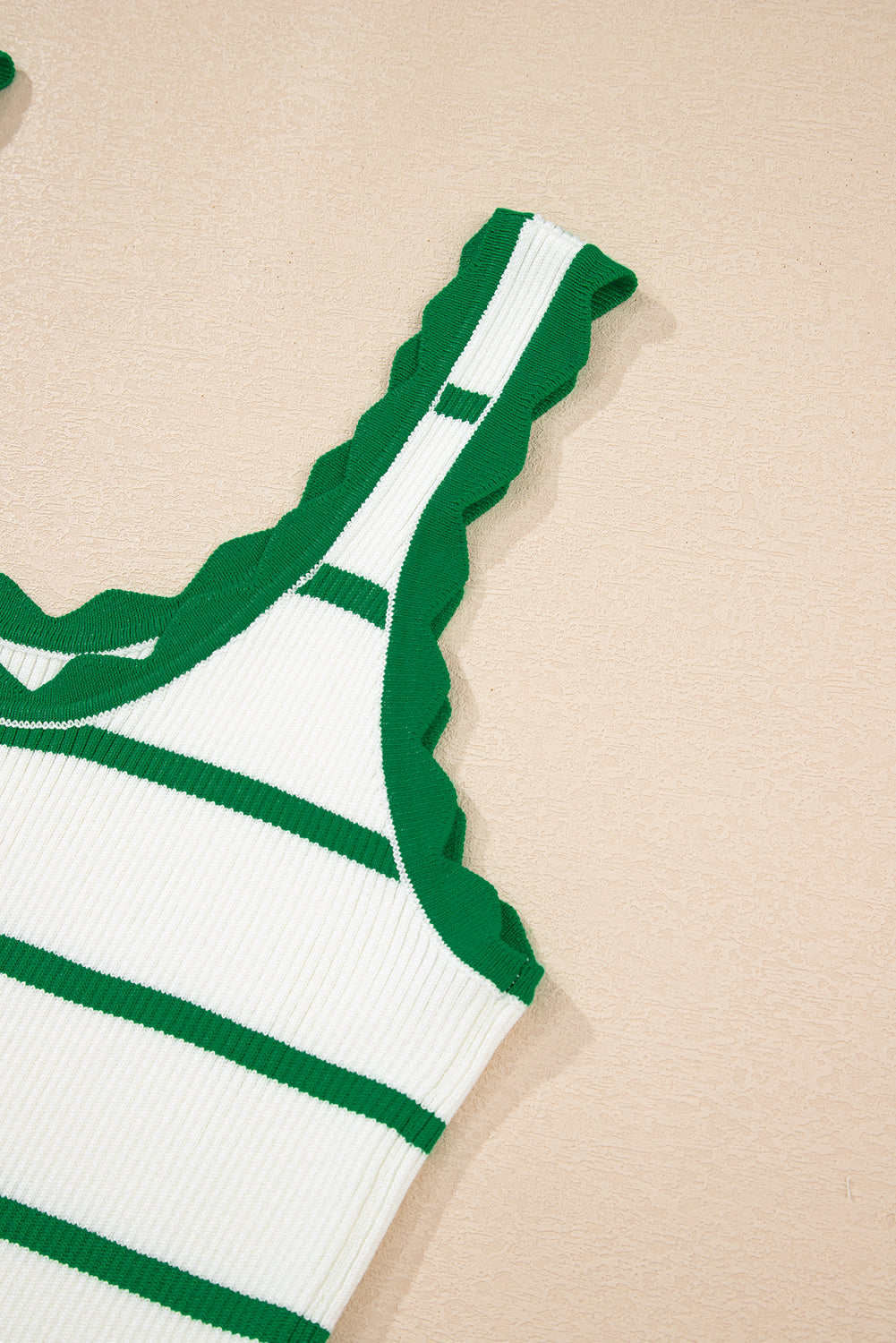 Bright Green Scalloped Edge Striped Ribbed Tank Top