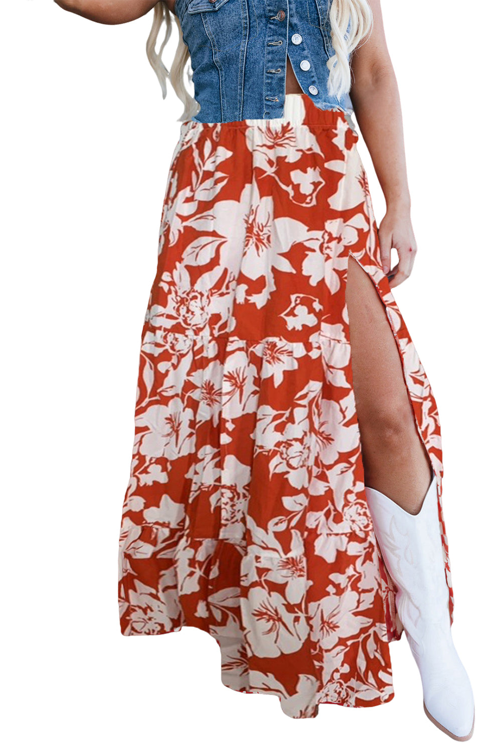 Red High Split Floral Tiered Maxi Skirt