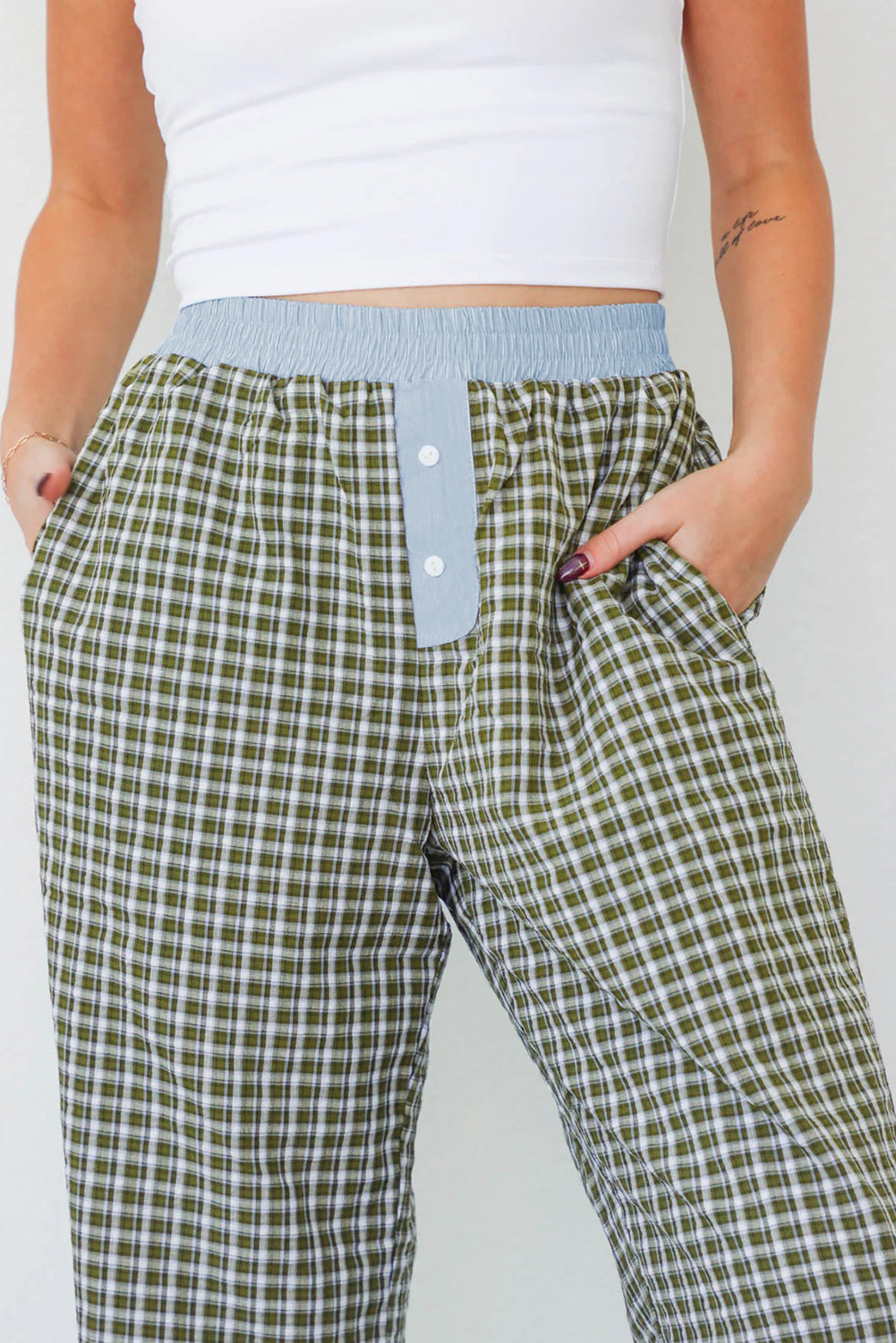 Brown Plaid Button High Waist Patchwork Pants