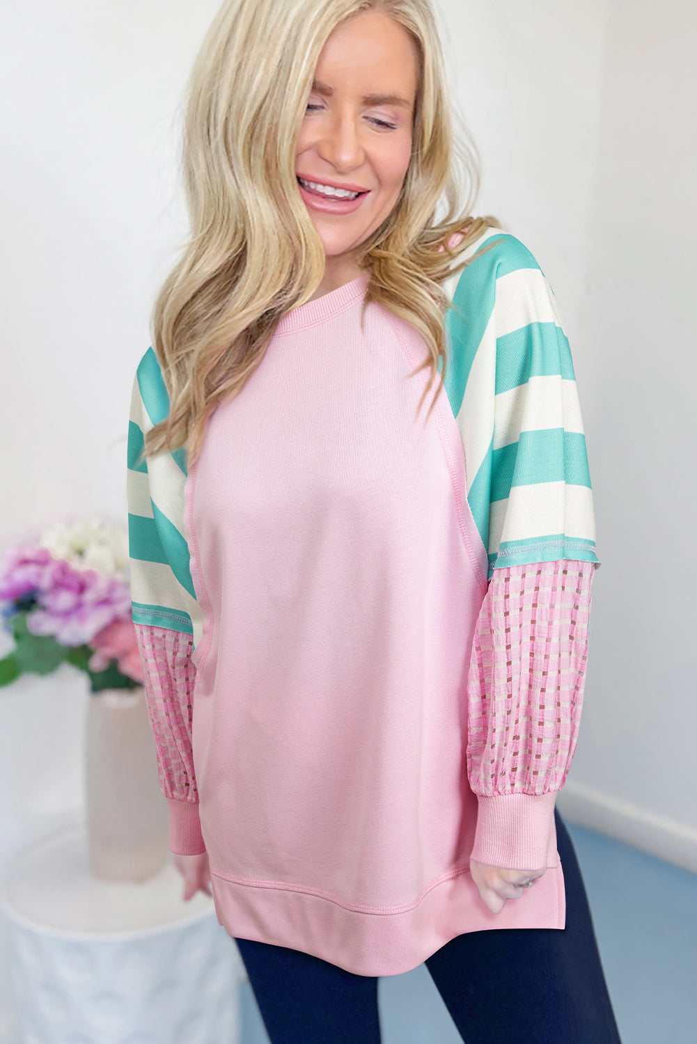 Bonbon Striped Colorblock Patchwork Raglan Sleeve Top