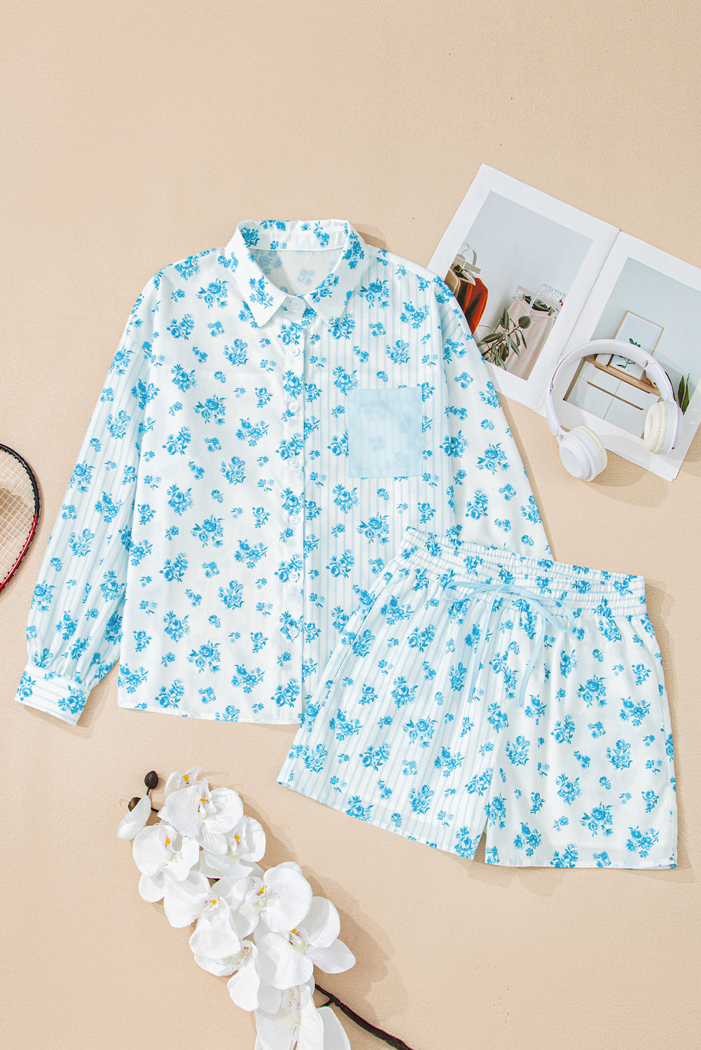 Sky Blue Floral Striped Print Patched Pocket Shirt and Shorts Set