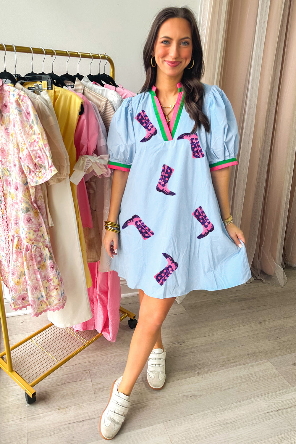 Myosotis Sequin Boots Pattern Contrast V Neckline Half Puff Sleeve Dress