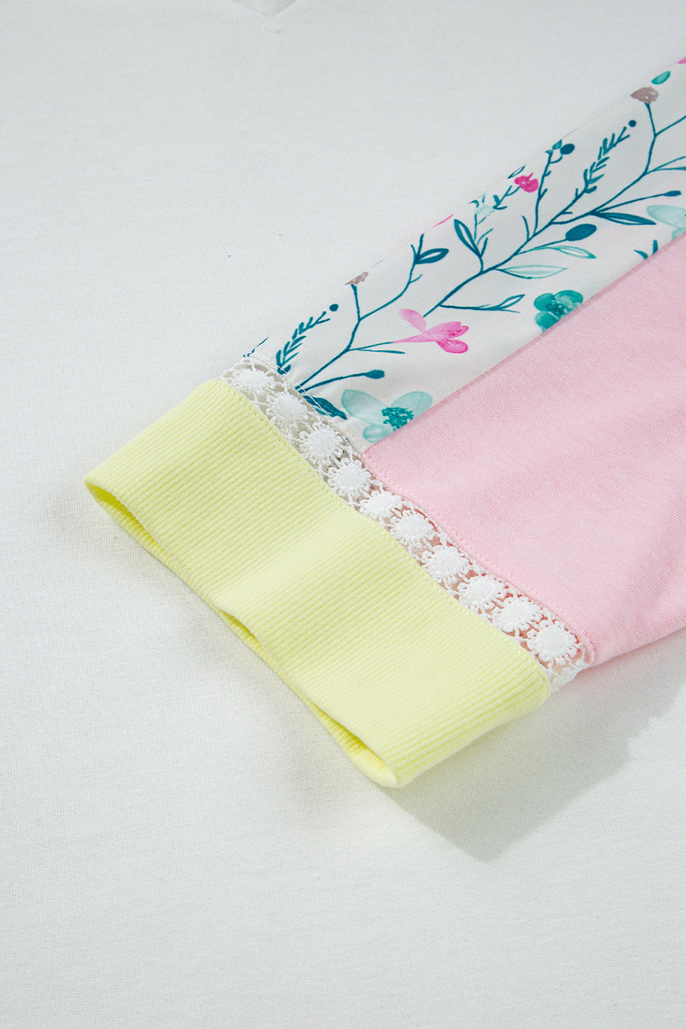 White Floral Colorblock Patchwork Notched Neck Long Sleeve Top