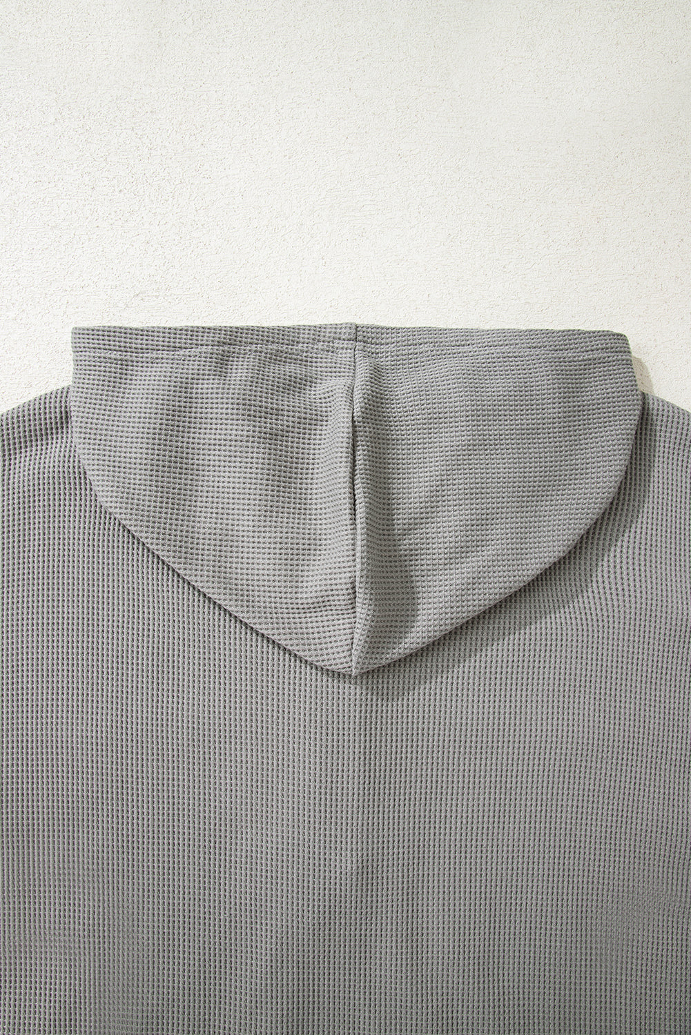 Gray Waffle Patchwork Drawstring Hooded Long Sleeve Top