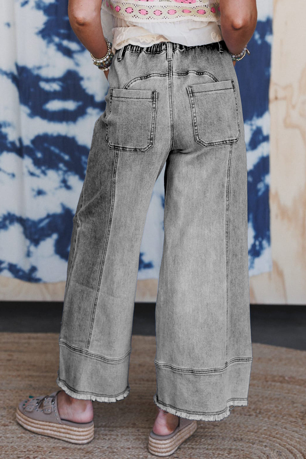 Prussian Blue Drawstring Seam Detail Raw Hem Wide Leg Jeans