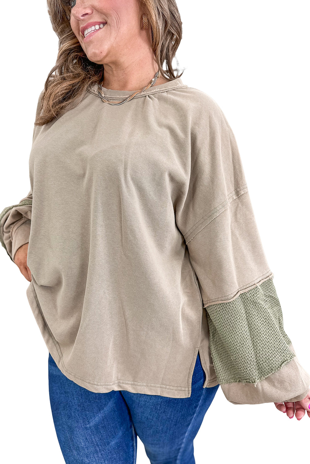 Laurel Green Exposed Seam Texture Patchwork Plus Size Drop Shoulder Pullover
