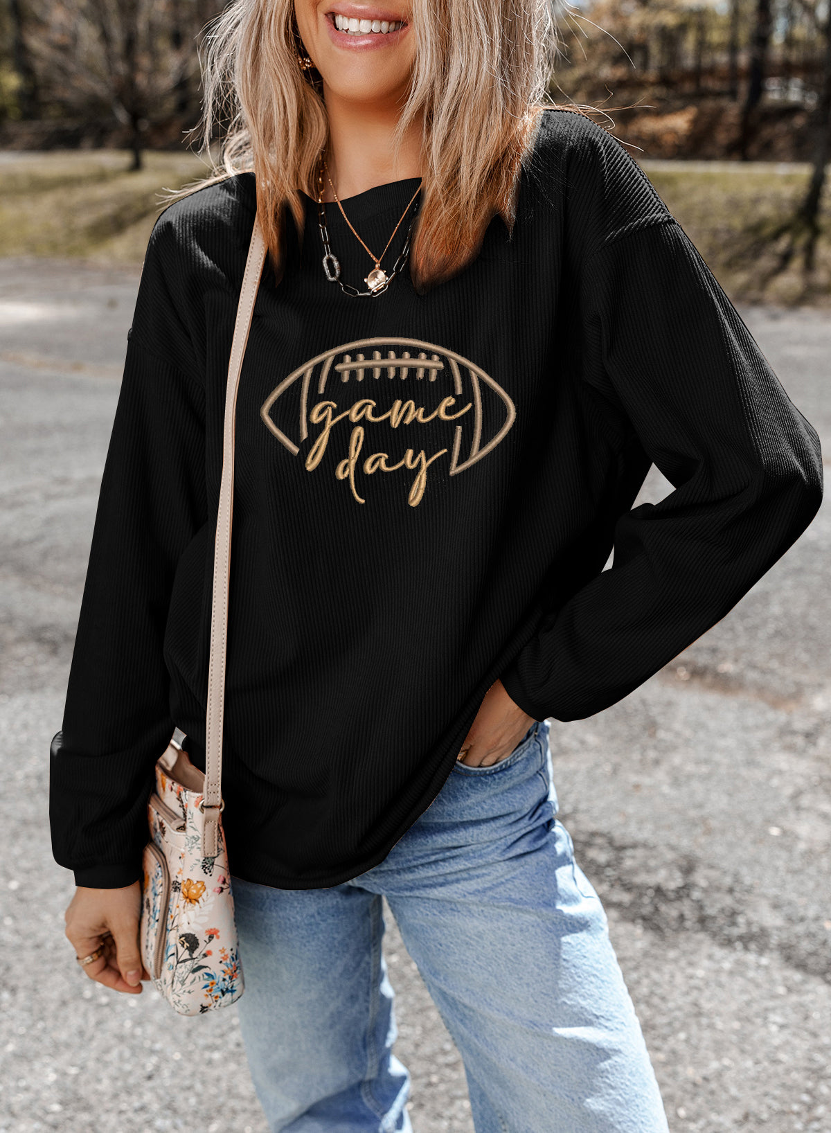 Dark Blue Football Graphic Drop Shoulder Game Day Corded Sweatshirt