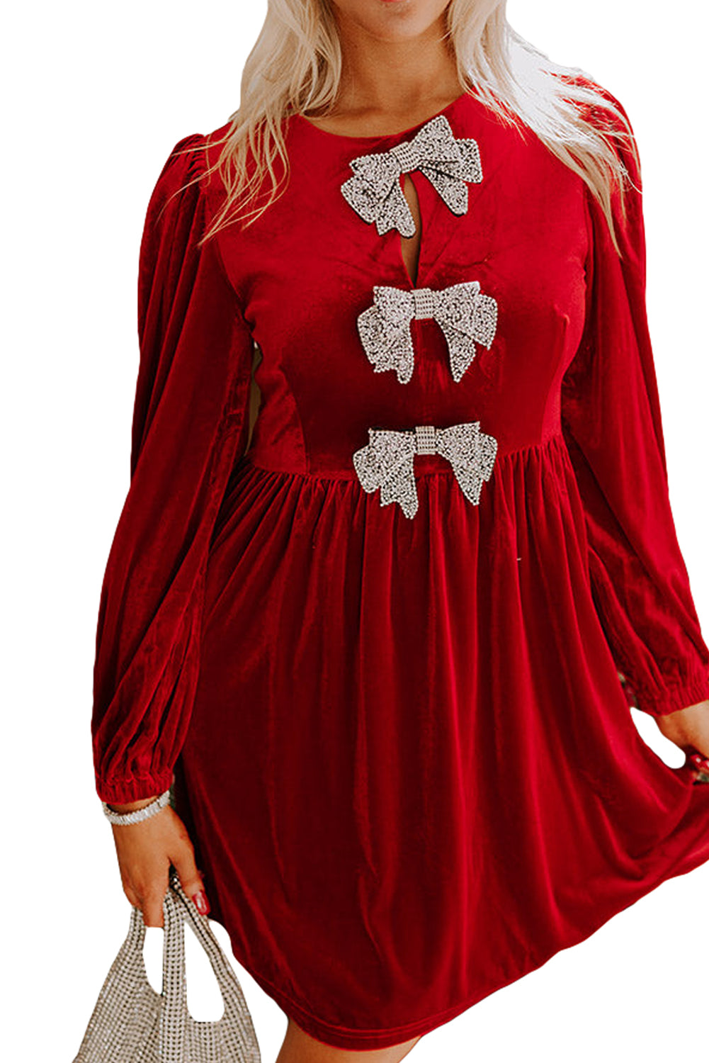 Fiery Red Bowknot Decor High Waist Velvet Mini Dress